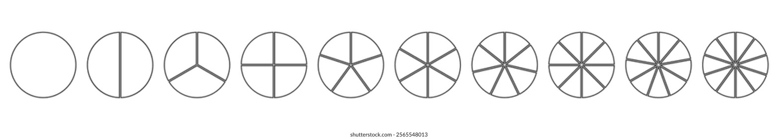 Wheel diagram divided from 1 to 10 parts, Circular linear diagram infographic circle divided into pizza or pie segments, Vector flat icons.