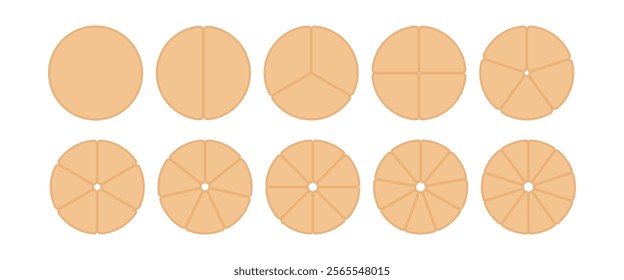 Wheel diagram divided from 1 to 10 parts, Circular diagram infographic circle divided into pizza or pie segments, Vector flat icons.