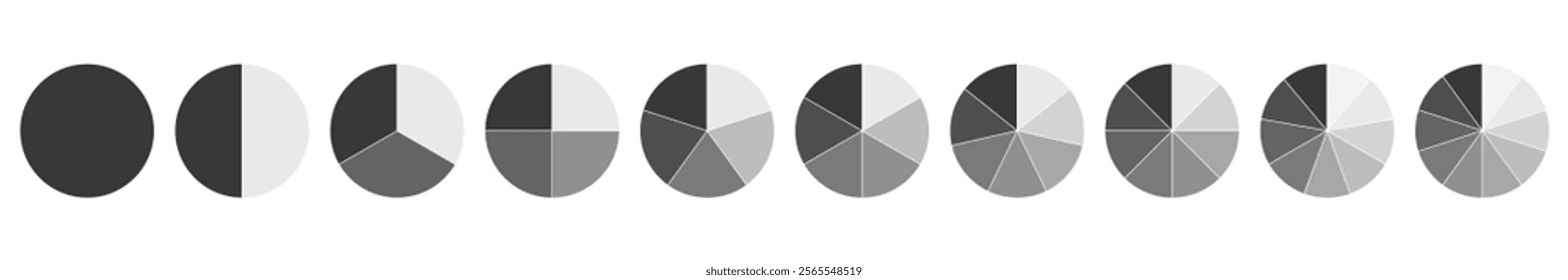 Wheel diagram divided from 1 to 10 parts silhouette, Pie chart infographic circle divided into pizza or pie segments, Vector flat icons.