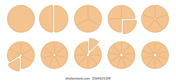 Wheel diagram divided from 1 to 10 parts, Circular diagram infographic circle divided into pizza or pie segments, Vector flat icons.