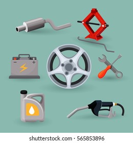 Wheel disk and car service set work tools. Adjustable jack, battery, canister of gasoline, exhaust pipes, wrench screwdriver, petrol handle. Instruments for repairing car vector illustration