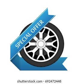 Wheel disk discount banner. Car tyre with disk for sale promo sign. Vector illustration.