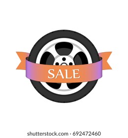 Wheel disk discount banner. Car tyre with disk for sale promo sign. Vector illustration.