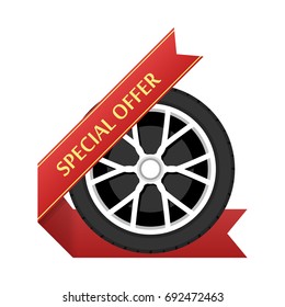 Wheel disk discount banner. Car tyre with disk for sale promo sign. Vector illustration.