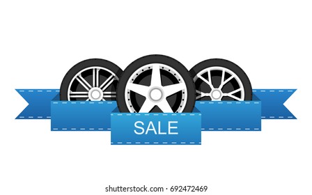 Wheel disk discount banner. Car tyre with disk for sale promo sign. Vector illustration.