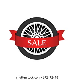 Wheel disk discount banner. Car tyre with disk for sale promo sign. Vector illustration.