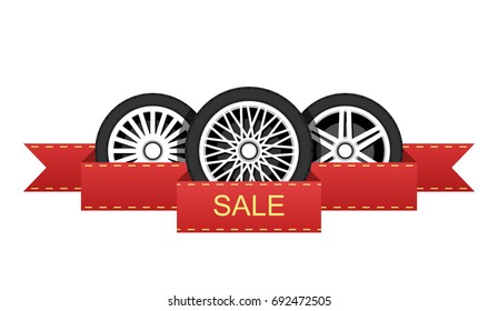 Wheel disk discount banner. Car tyre with disk for sale promo sign. Vector illustration.