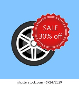Wheel disk discount banner. Car tyre with disk for sale promo sign. Vector illustration.