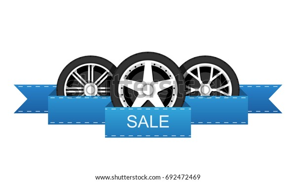 Wheel disk discount banner. Car tyre\
with disk for sale promo sign. Vector\
illustration.