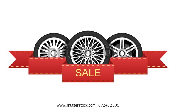 Wheel disk discount banner. Car tyre\
with disk for sale promo sign. Vector\
illustration.