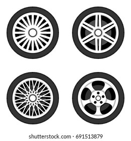 Wheel disk with tyre. Wheels disks icons set. Side view, flat style. Vector illustration.