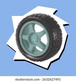 Wheel dotted collage element pointilize in paper torn icon vector. Ideal for vintage mechanics, motion idea, tire concept, or paper art grunge collage.