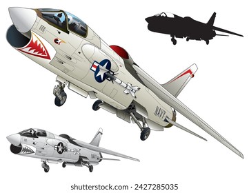 Wheel down navy jet fighter Vought F-8 Crusader, gray image illustration (monotone, black silhouette set)