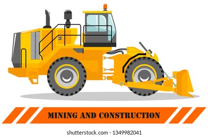 Wheel dozer. Bulldozer. Detailed illustration of heavy mining machine and construction equipment. Vector illustration.