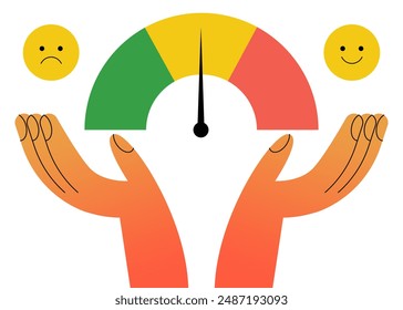 Rueda de emociones con sentimientos diferentes. Enfrentar una expresión triste y feliz para el autocontrol psicológico. Ilustraciones vectoriales planas.