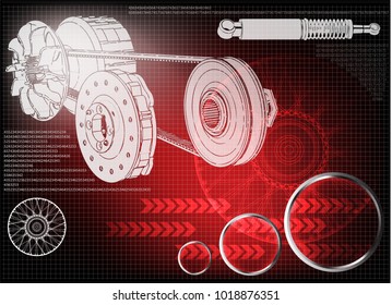 wheel and engine mechanism on a red background