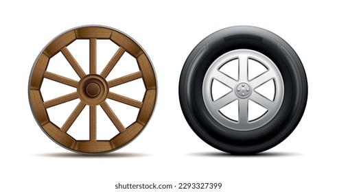 Concepto de diseño comparativo de la evolución de las ruedas con rueda de carrito de madera y rueda de coche moderna con neumático de goma ilustración vectorial realista