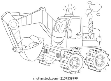 Wheel excavator. Element for coloring page. Cartoon style.