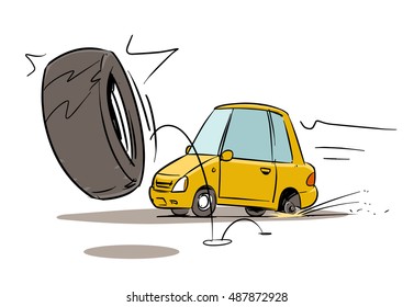 Wheel falls off on road. Cartoon illustration