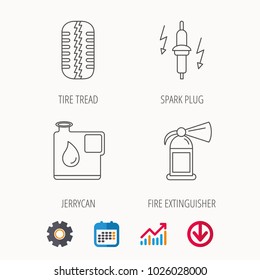 Wheel, fire extinguisher and spark plug icons. Fuel jerrycan, tire tread linear signs. Calendar, Graph chart and Cogwheel signs. Download colored web icon. Vector