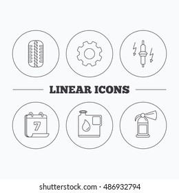 Wheel, fire extinguisher and spark plug icons.