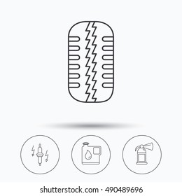Wheel, fire extinguisher and spark plug icons.