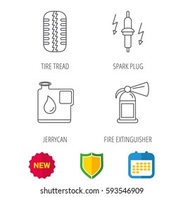 Wheel, fire extinguisher and spark plug icons. Fuel jerrycan, tire tread linear signs. Shield protection, calendar and new tag web icons. Vector