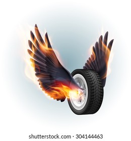 Wheel with fire wings isolated on white background