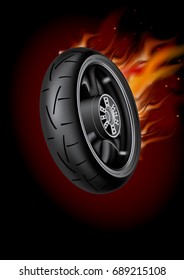 Wheel in flame poster  mock up template. Realistic vector image.