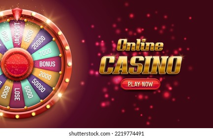 Wheel of fortune. Banner Online Casino with spinning lucky roulette on a bright glowing background. Vector illustration.
