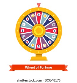 Wheel of fortune with bets icons. Flat style vector illustration isolated on white background.