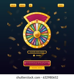 Wheel of fortune with buttons registration and menu, help for gamble casino user menu interface or UI web design. Betting and gambling, winner and risk game