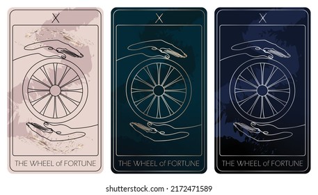 The Wheel of Fortune. A card of Major arcana one line drawing tarot cards. Vector linear hand drawn illustration with occult, mystical and esoteric symbols. 3 colors. Proposional to 2,75x4,75 in.