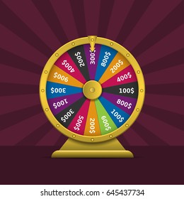 Wheel of fortune. Colorful wheel of luck with golden frame and arrow