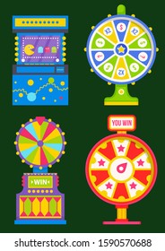 Wheel of fortune with colorful sectors. Slot machine with ghosts on green. Retro arcades, gaming concept. Lottery, gambling and casino. Lucky roulette, game of chance vector illustration