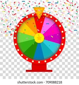 Wheel of fortune and confetti on transparent background. Vector illustration. Flat design. EPS 10.
