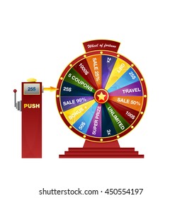 Wheel of fortune design element. Bright colorful wheel of fortune on a pedestal. vector illustration isolated on white background