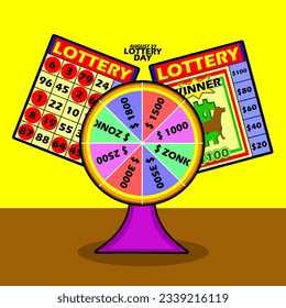 Wheel of fortune filled with prizes and two lottery coupons, with bold text on yellow background to commemorate International Lottery Day on August 27