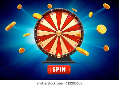 wheel of fortune with gold coins 3d object isolated on blue glowing background