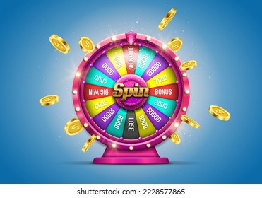 Wheel of fortune with golden coins. Spinning lucky roulette on a light background. Vector illustration.