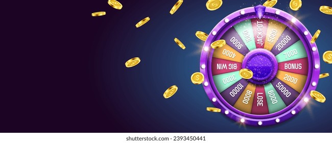 Wheel of fortune with golden coins. Spinning lucky roulette. Vector illustration.