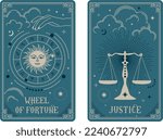 Wheel of fortune and Justice tarot card illustration fortune telling occult mystic esoteric. Celestial Tarot Cards Basic witch tarot