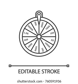 Wheel of fortune linear icon. Roulette. Lucky wheel. Thin line illustration. Contour symbol. Vector isolated outline drawing. Editable stroke