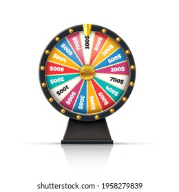 Wheel fortune. Lucky game casino prize spinning roulette, win jackpot money lottery circle with colored sections and arrow. Random gifts chance winning. Vector gambling isolated illustration