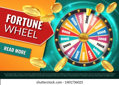 Wheel fortune. Lucky jackpot winner text banner, casino prize spinning roulette. Game win chance circle gambling lottery vector background