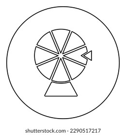 Das Glücksspiel-Roulette-Roulette-Drehspiel-Symbol in der kreisrunden schwarzen Vektorgrafik-Umrisslinie in dünnen Stil