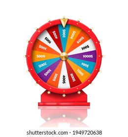 Wheel of fortune, lucky win spin game and casino roulette, vector. Fortune wheel with arrow for dollar money prize, poker luck or lottery jackpot equipment, gambling game and casino bets chance drum