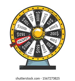 Wheel of Fortune machine gambling device sketch engraving vector illustration. Casino object. Scratch board imitation. Black and white hand drawn image.