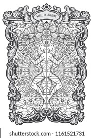 Wheel of fortune. Major Arcana tarot card. The Magic Gate deck. Fantasy engraved vector illustration with occult mysterious symbols and esoteric concept