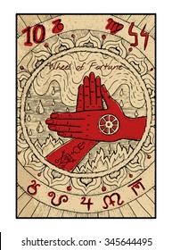 Wheel of fortune.  The major arcana tarot card in color, vintage hand drawn engraved illustration with mystic symbols. Two crossed hands against water and fire background